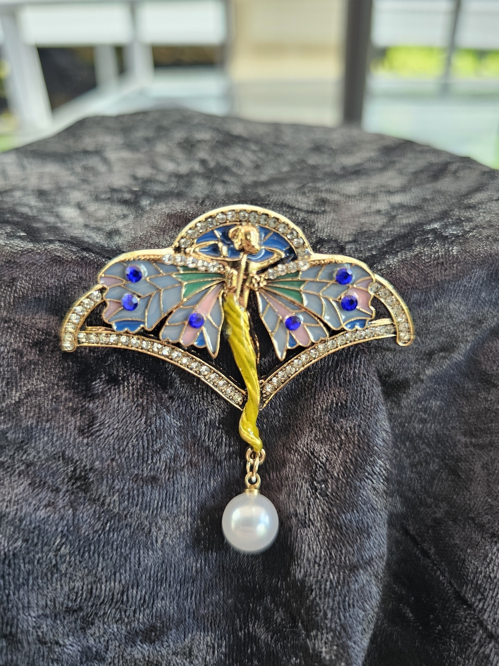 Gold-Tone Enamel Fairy Brooch with Blue and Pink Accents and Pearl Drop